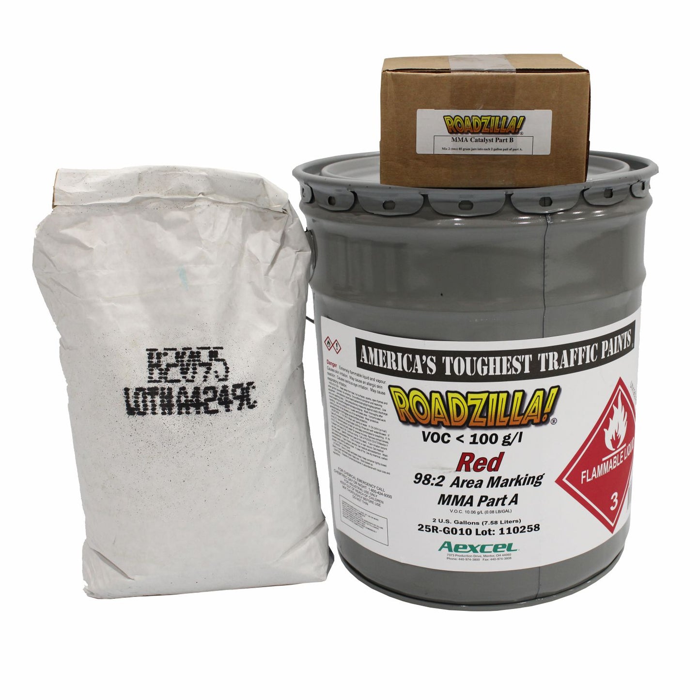 Red Roadzilla 98:2 MMA pavement marking paint kit for durable traffic striping applications