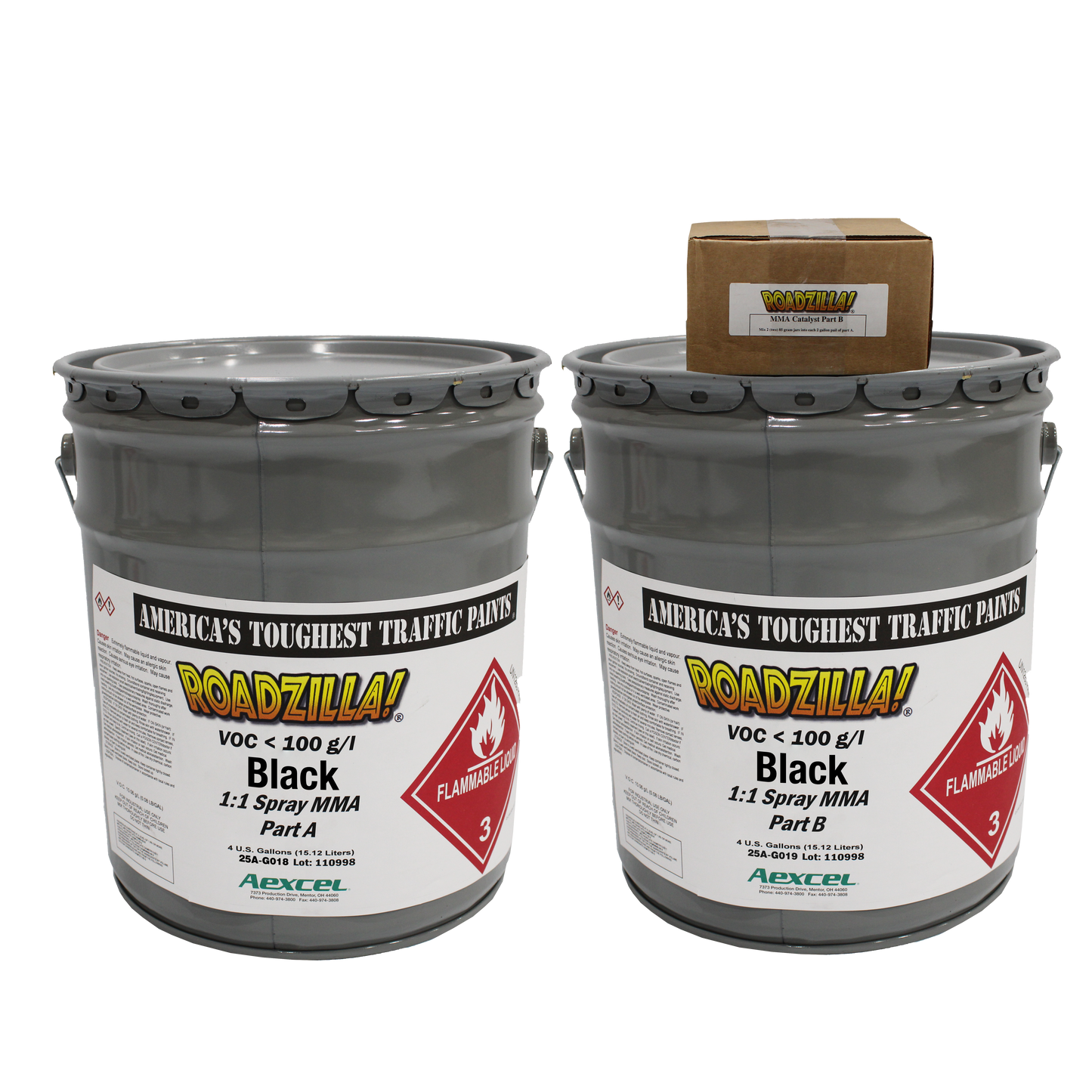 picture of 2 drums of black roadzilla part a and part b 1:1 MMA paint with a box of part b catalyst