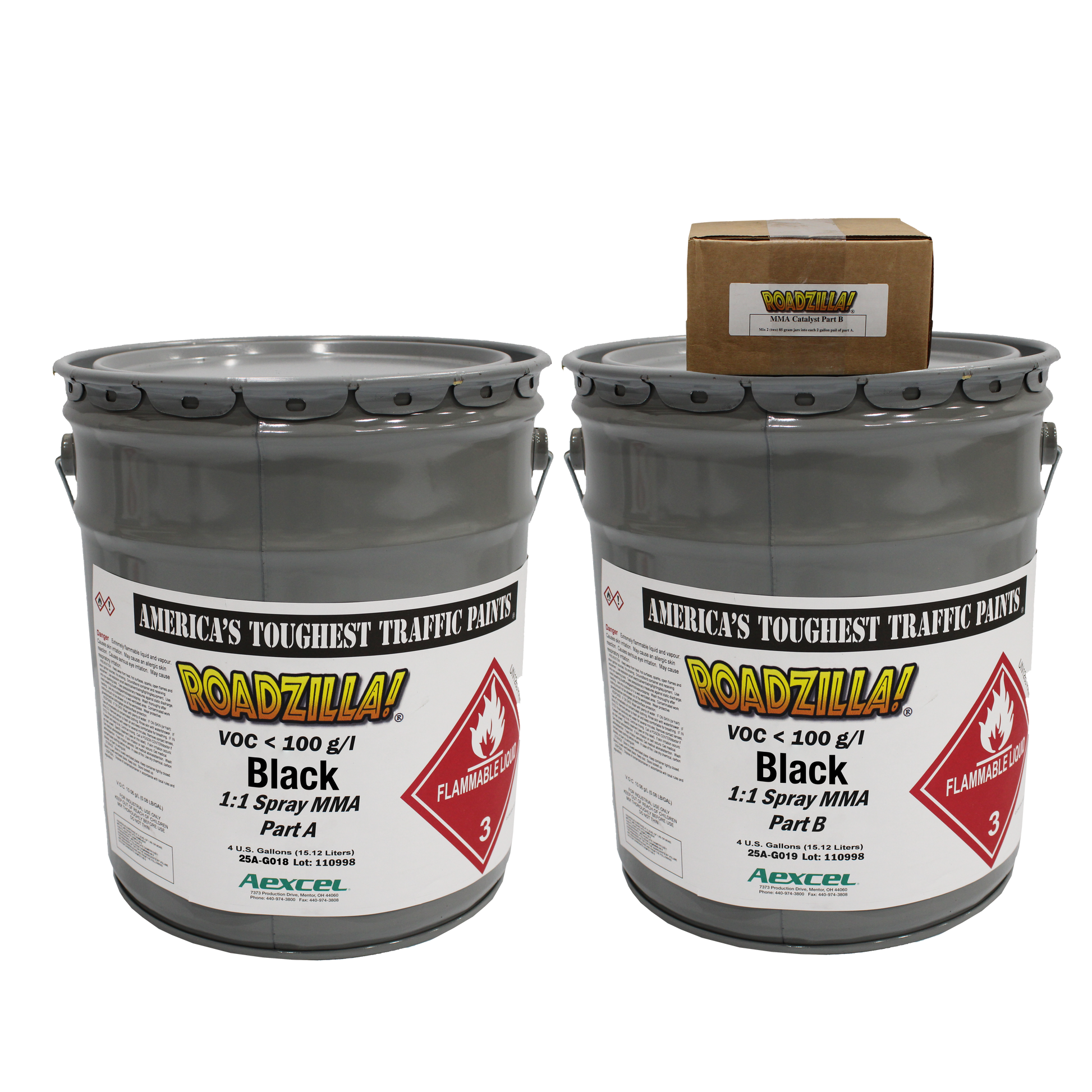 picture of 2 drums of black roadzilla part a and part b 1:1 MMA paint with a box of part b catalyst