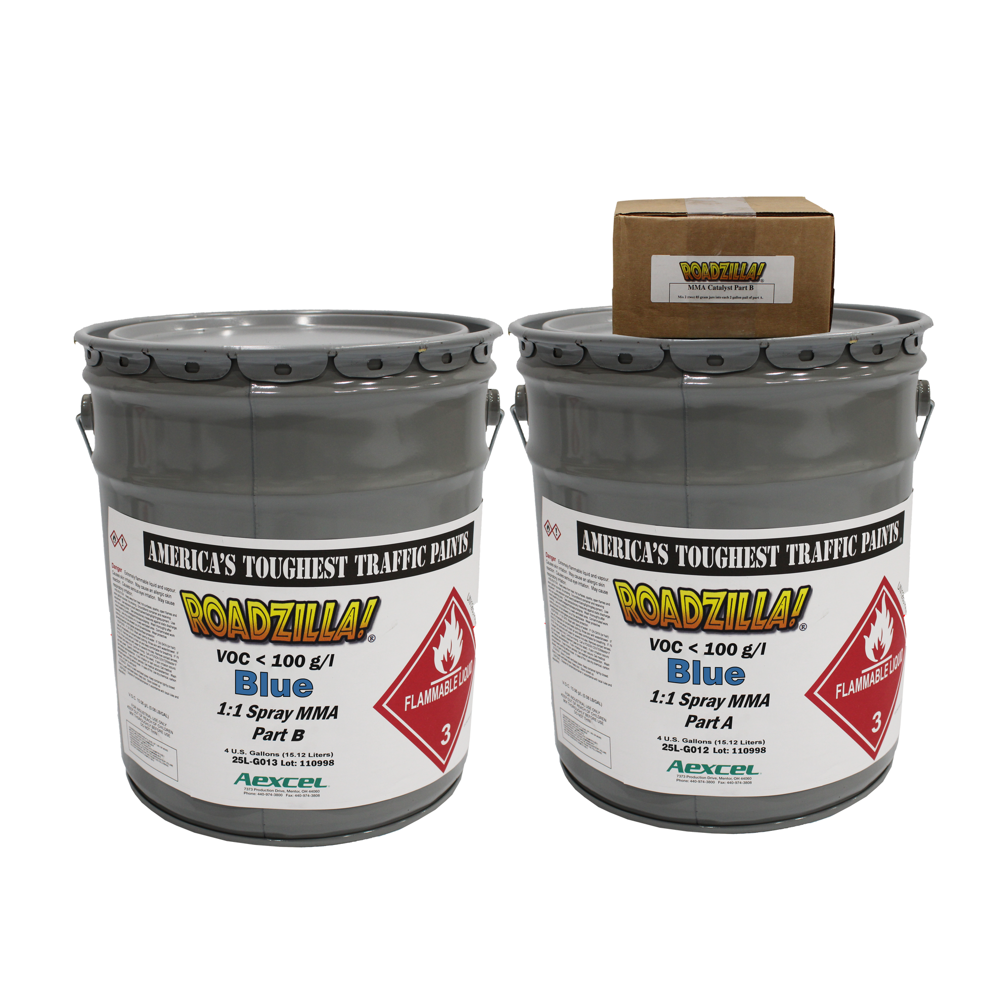 picture of 2 drums of blue roadzilla 1:1 MMA part A and Part B with catalyst