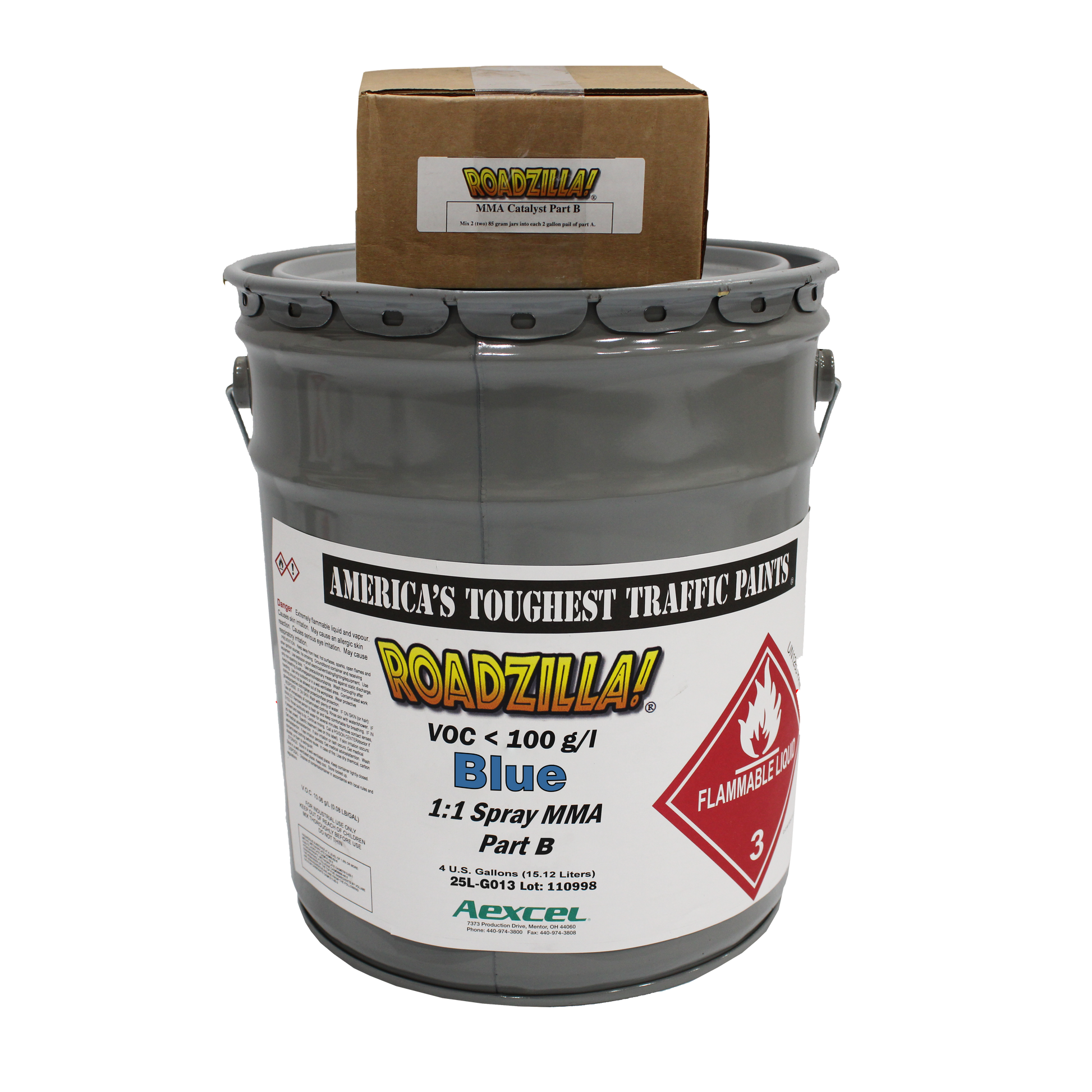 picture of a drum of blue roadzilla 1:1 MMA paint part B with catalyst