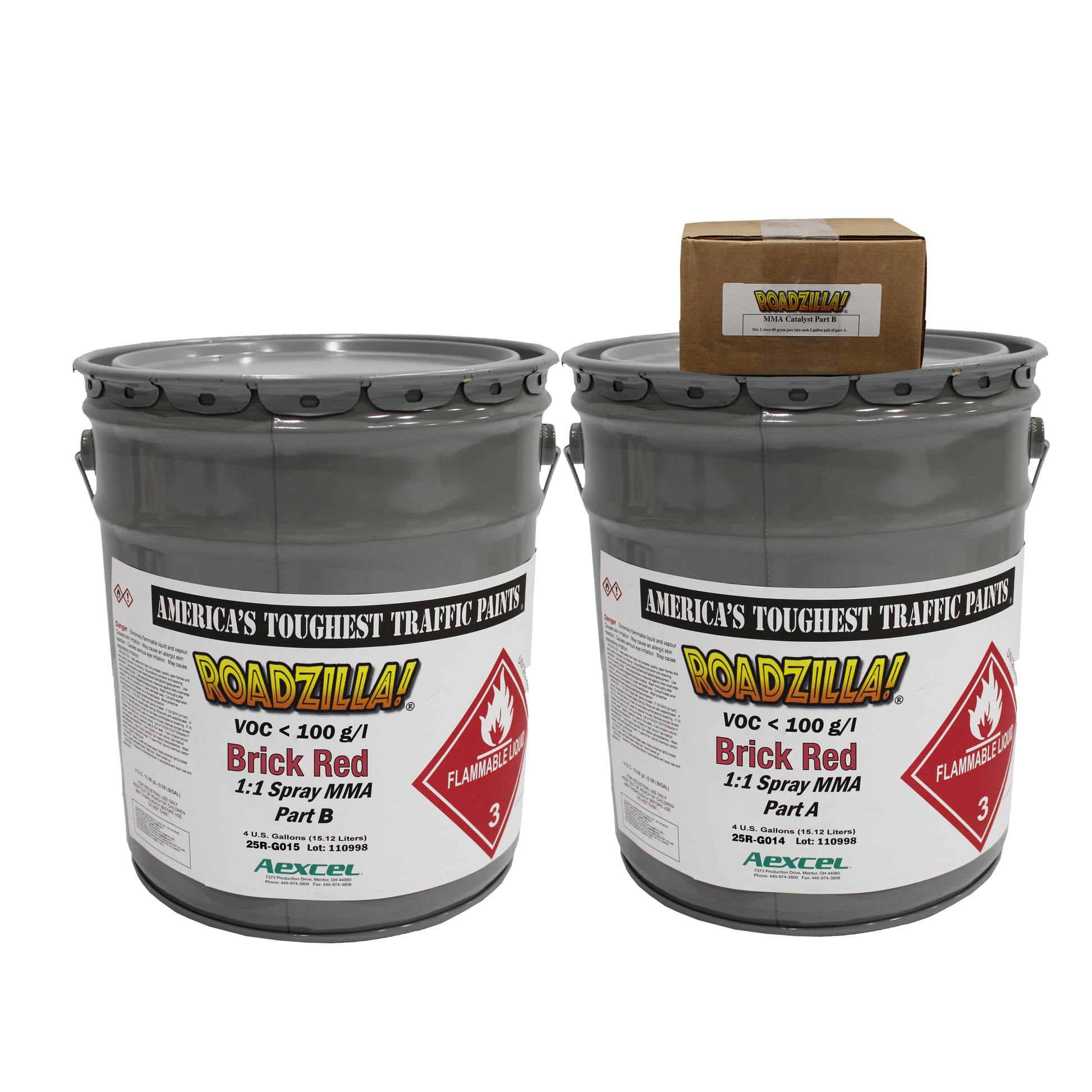 picture of 2 drums of red roadzilla 1:1 MMA paint part A and part B catalyst