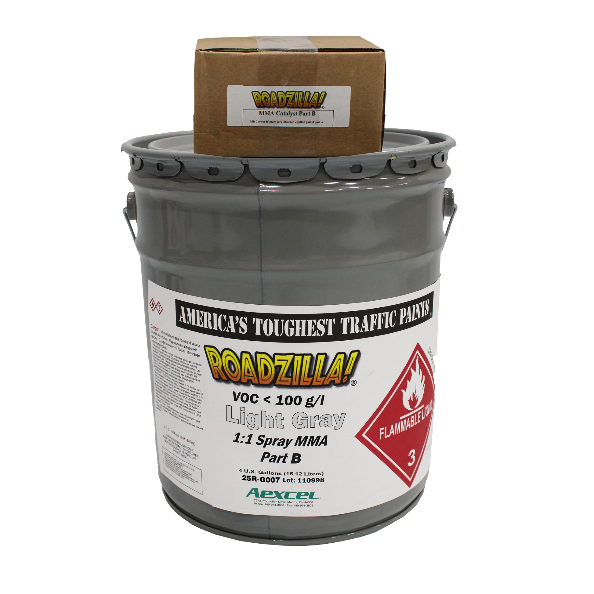 picture of a drum of roadzilla light gray Part B 1:1 MMA paint with a box of part b catalyst