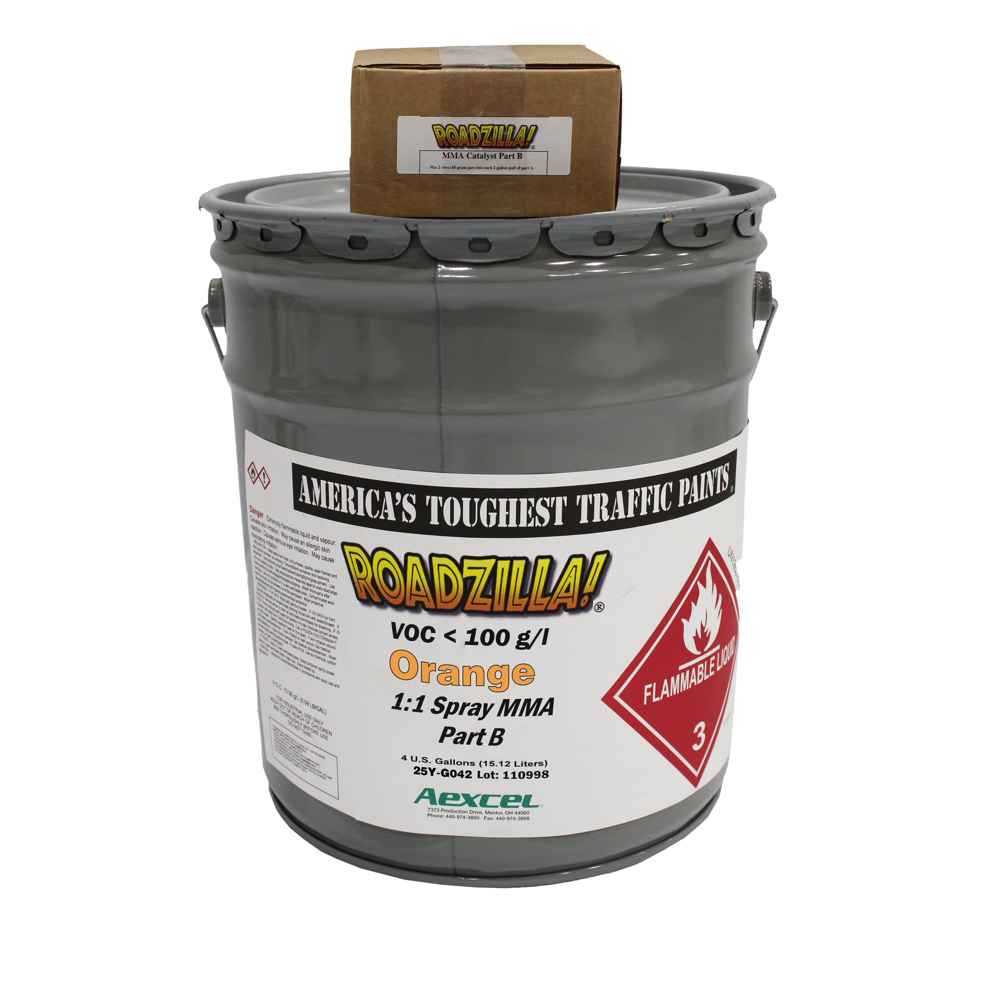 picture of a drum of orange roadzilla part b 1:1 MMA paint with part B catalyst