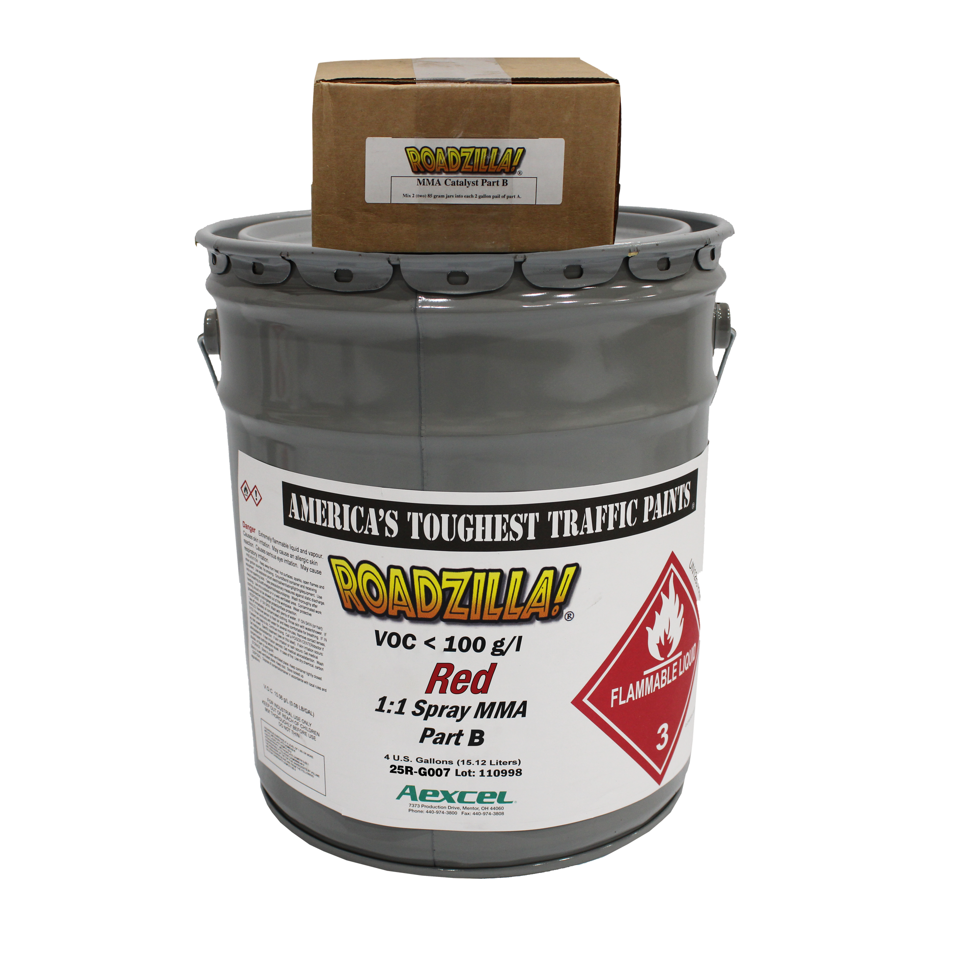 picture of a drum of red roadzilla part B 1:1 MMA paint with a box of part B catalyst
