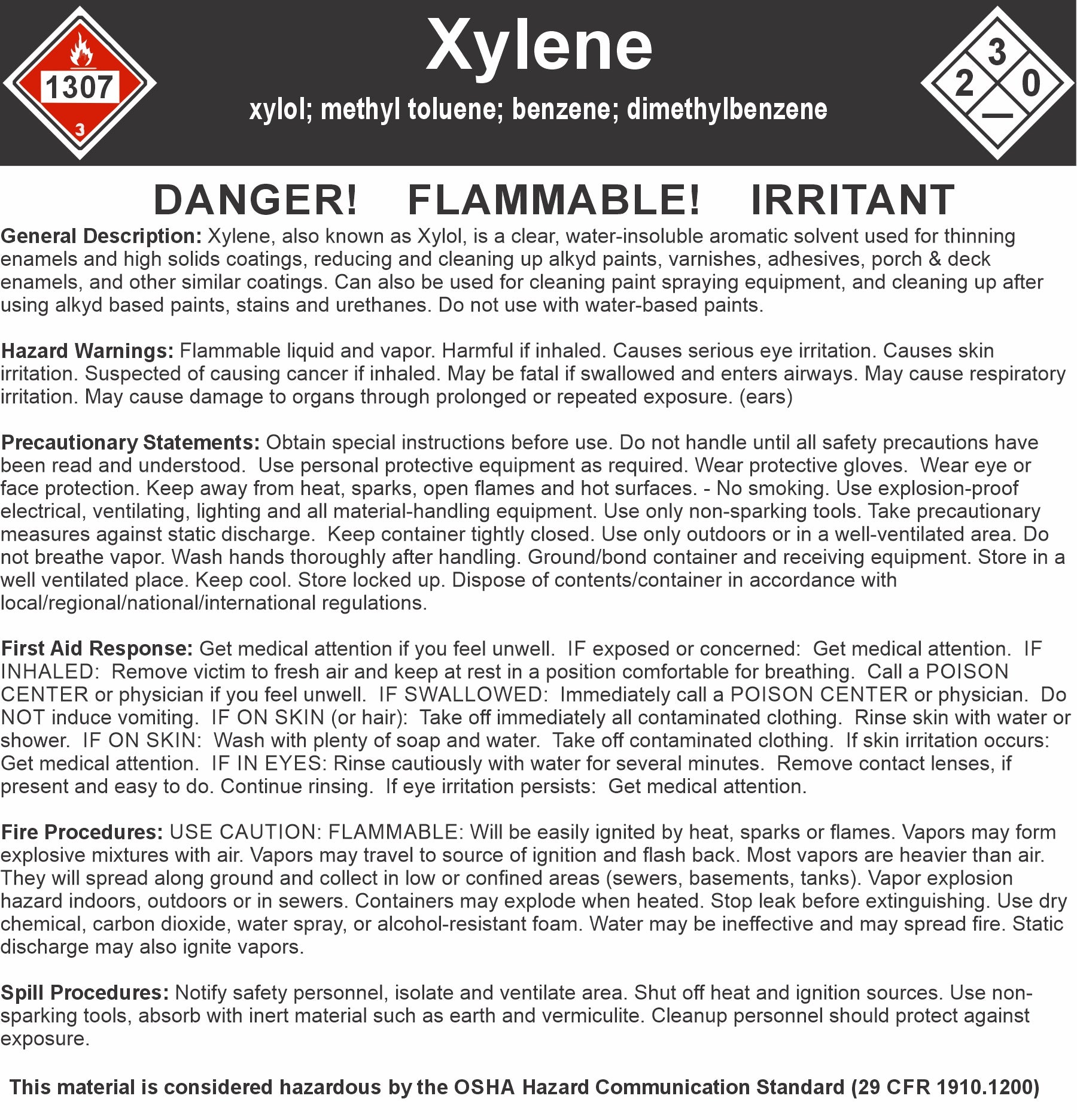 High Purity Xylene Solvent Hazard Label