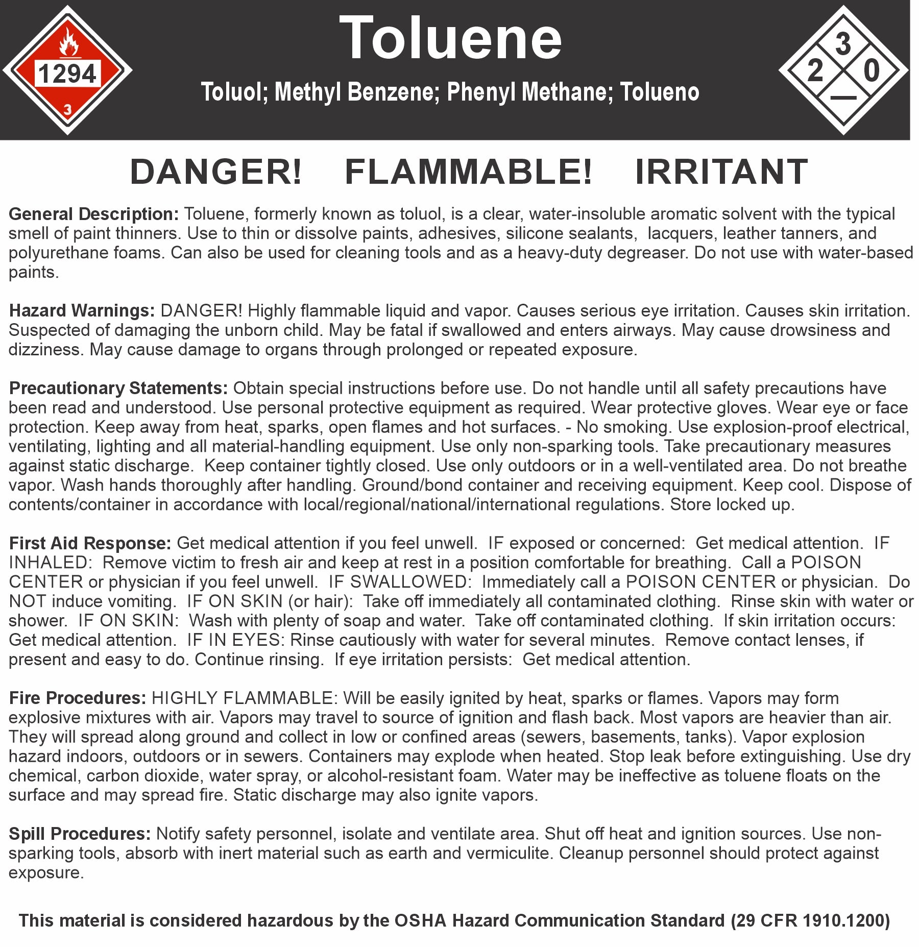 Toluene Solvent Hazard label