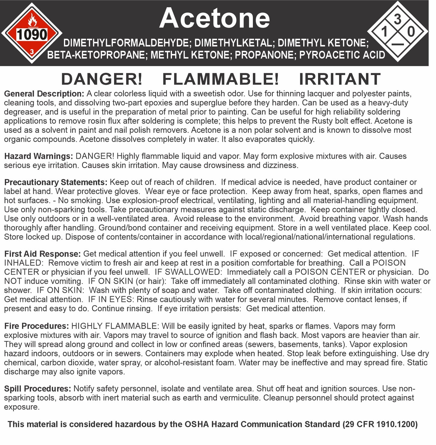 hazard label of Acetone High purity solvent