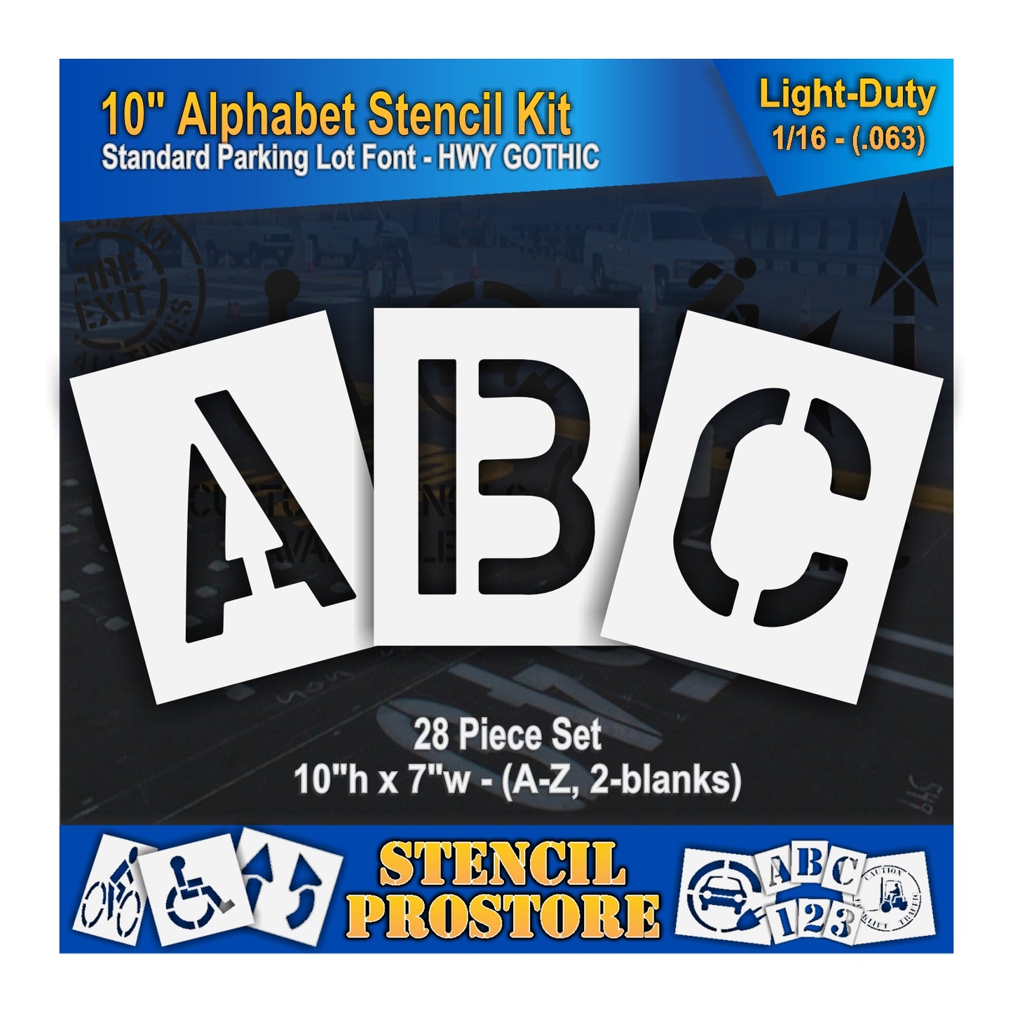 Packaging for a 10-inch Alphabet Stencil Kit containing 28 pieces with letters A-Z and 2 blank pieces, designed for use with parking lot marking paint.