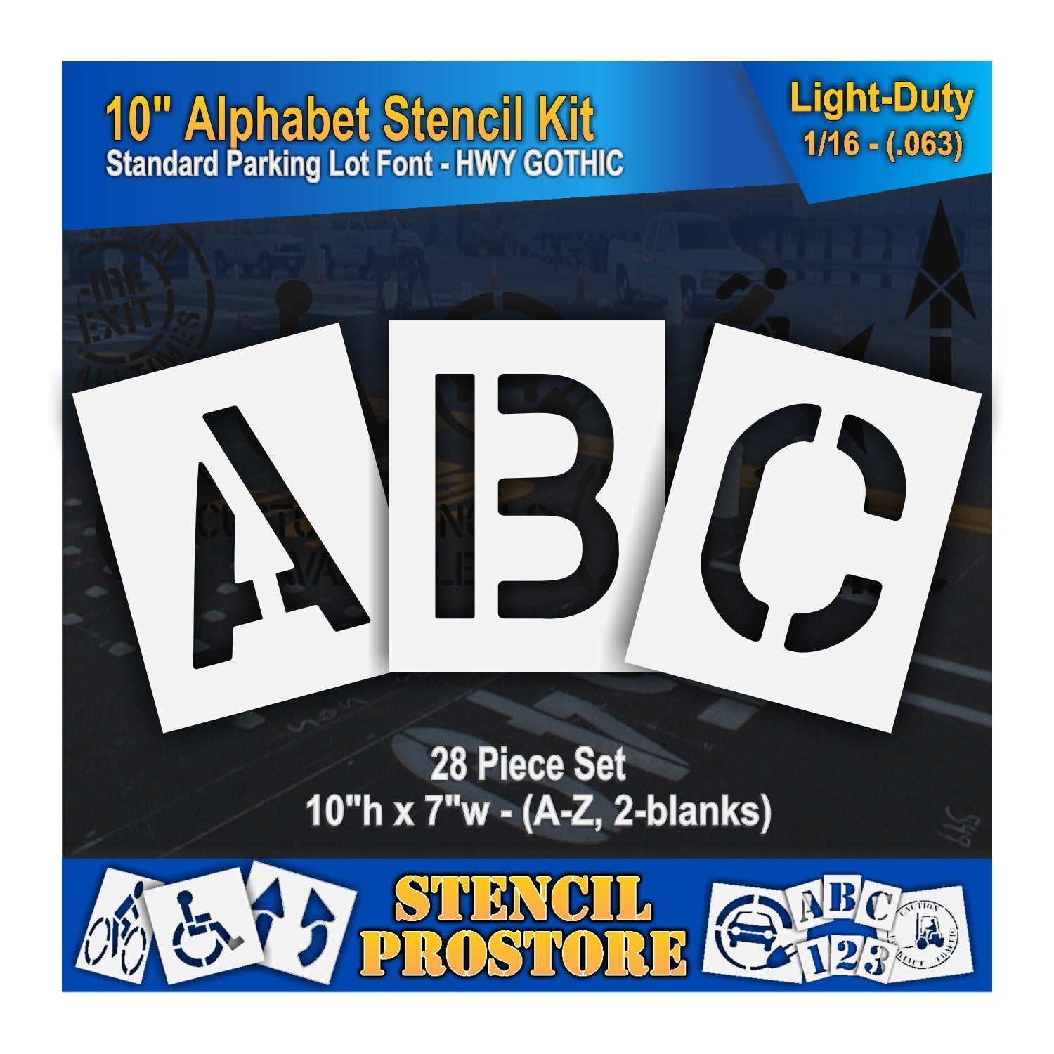 Packaging for a 10-inch Alphabet Stencil Kit containing 28 pieces with letters A-Z and 2 blank pieces, designed for use with parking lot marking paint.