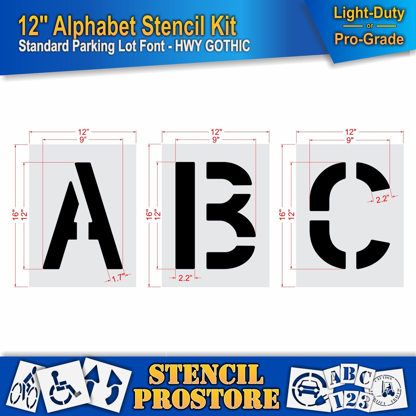 12" letters A, B, and C stencils dimension image.