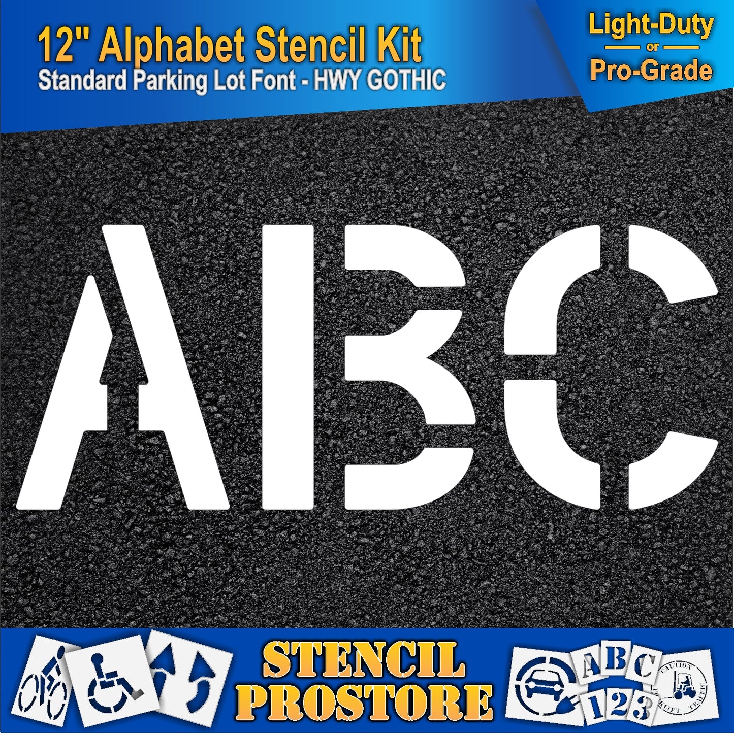picture of 12" letters A, B, C on asphalt pavement