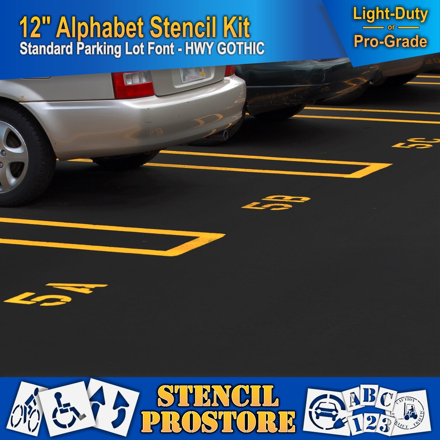 picture of parking lot with labels 5A, 5B, and 5C on an asphalt pavement, using 12" alphabet kit