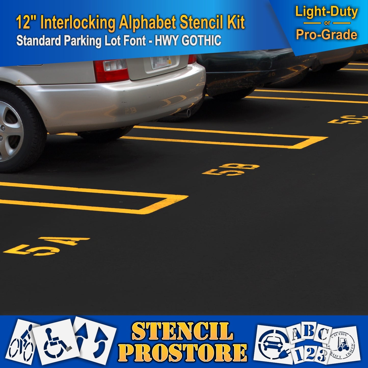Prevew of a labeled parking lot with number and letter on asphalt.
