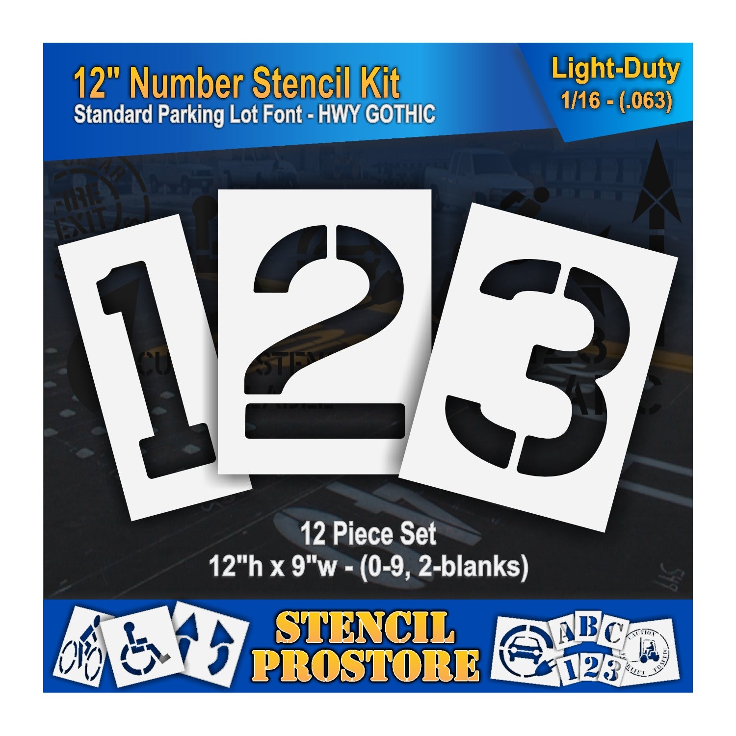 12" numbers 1, 2, and 3. with text for 12 pieces, and dimensions of 12" by height, and 9" by width. 0.063" material