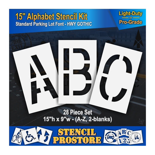 15" A, B, and C Stencil, with text describing 28 piece set with a height of 15" and width of 9". Letters include A-Z and 2 blanks.