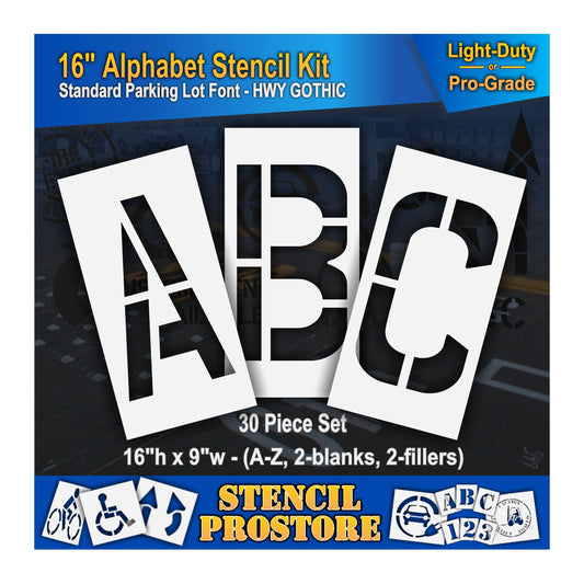 16" A, B, and C Stencils. 30 piece set with a height of 16" and width of 9". Inlcudes A-Z, 2 blanks, and 2 fillers