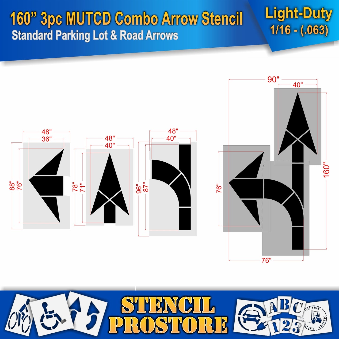 160 Inch 3pc MUTCD Combo Arrow Stencil – Parking Lot and Highway Stencil
