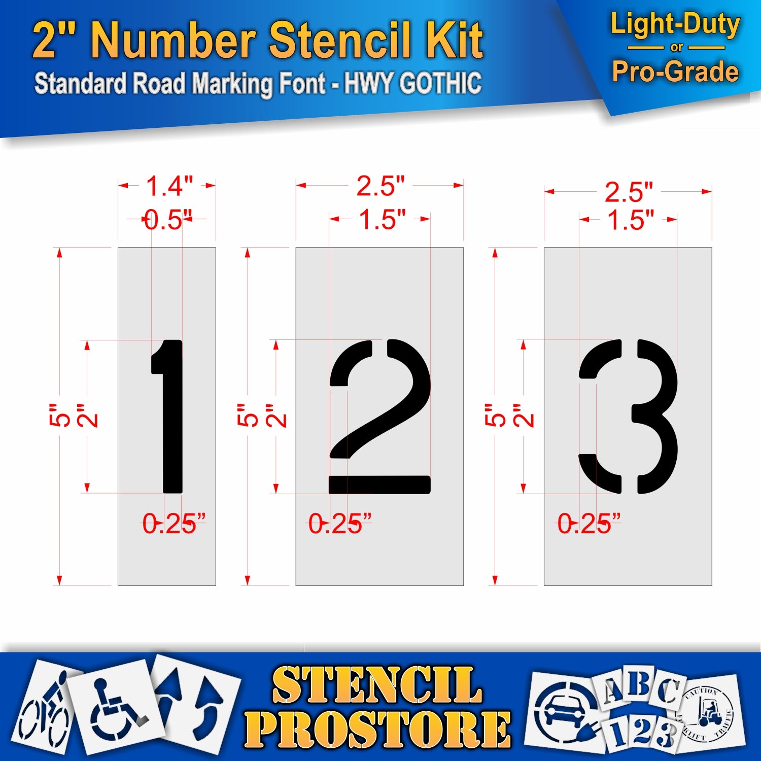 dimension image of 2" numbers 1, 2, and 3 stencils