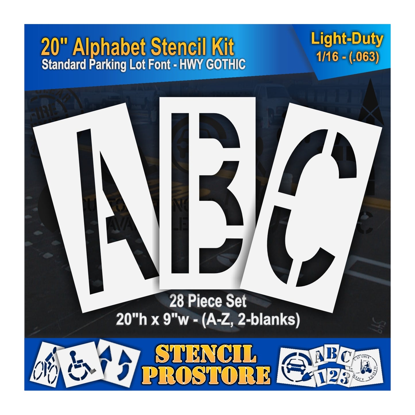 graphic image of 20" alphabet kit stencil. 0.063" material