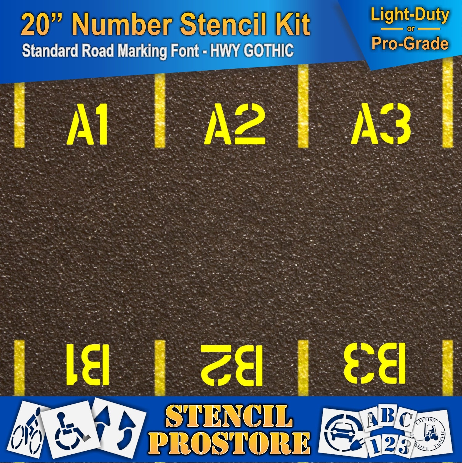 picture of parking spaces marked as A1-A3 and B1-B3 adjacent to each other. Using the 20" number kit stencil