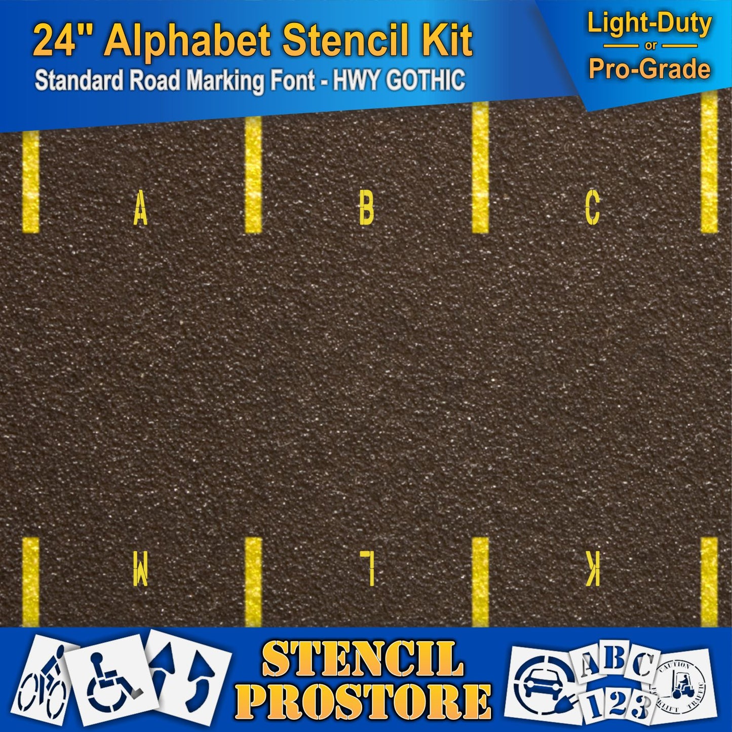 picture of parking lot spaces with designated letters A, B, C, K, L, and M. Using 24" alphabet kit stencil