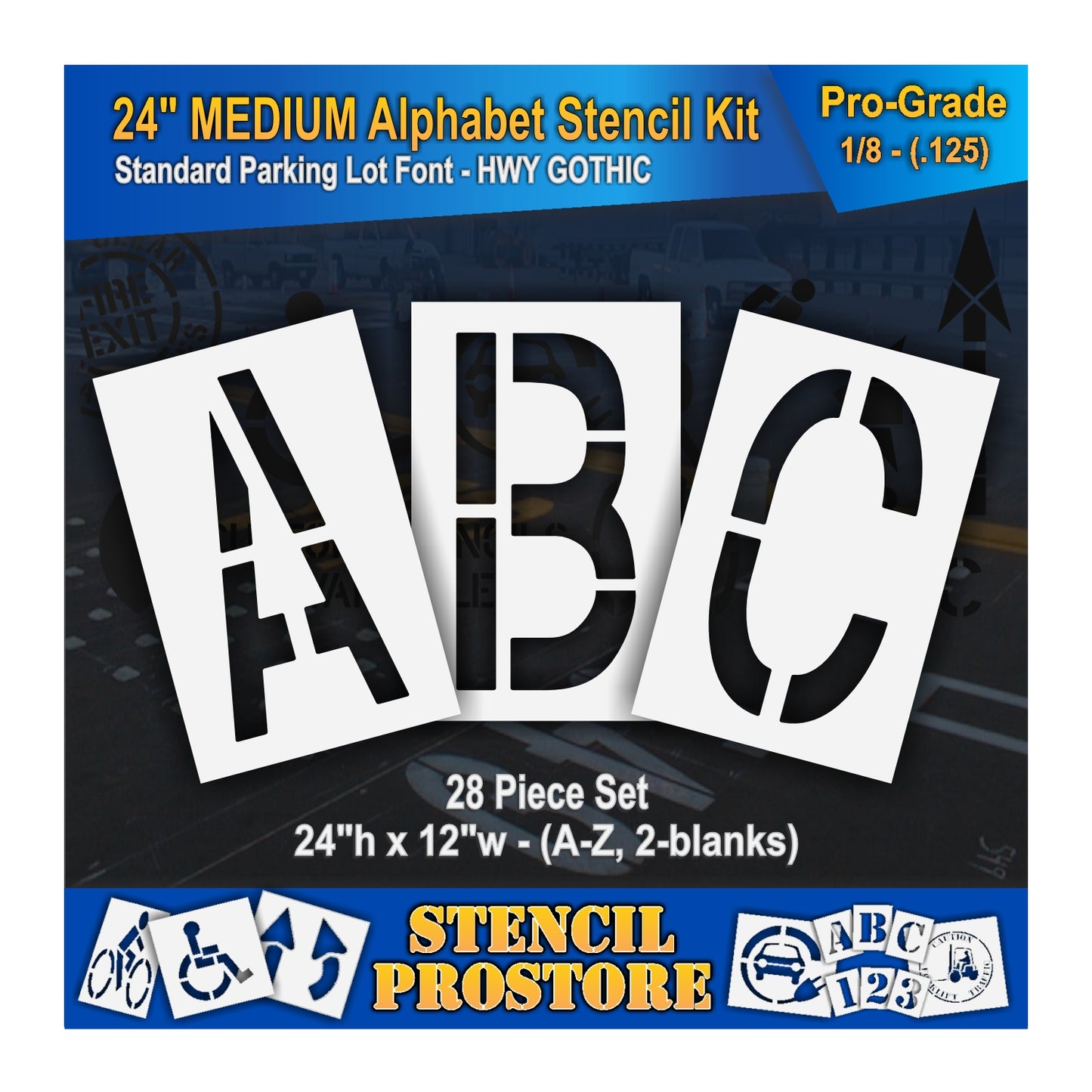 graphic image of 24" medium letters A, B, and C stencils. .125" material thickness