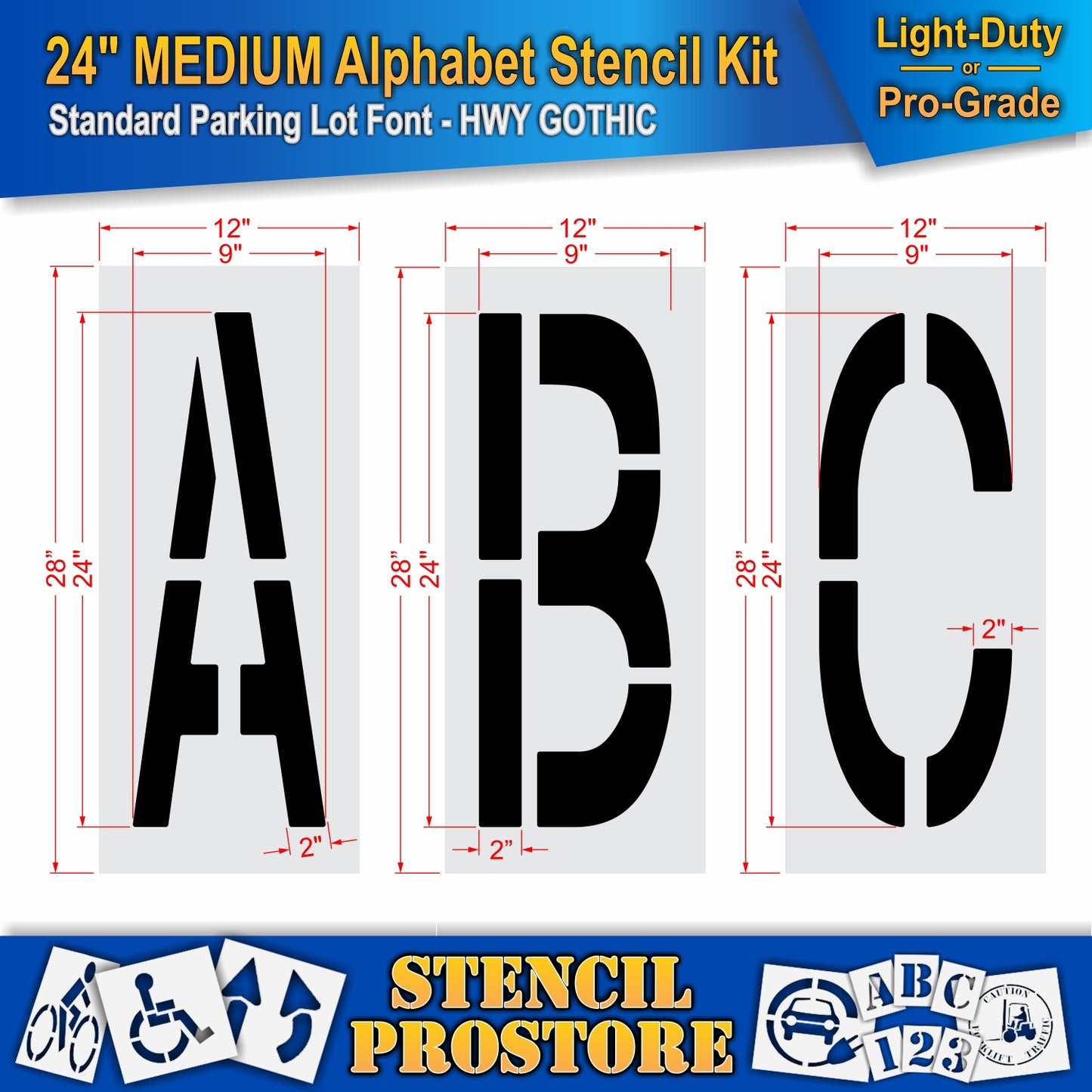 dimension image of 24" letters A, B, and C stencils