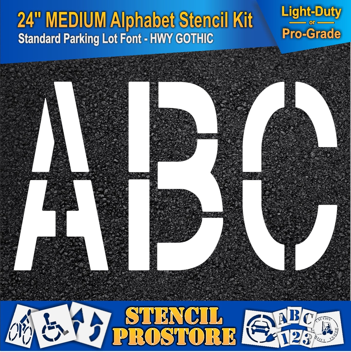 picture of 24" medium letters A, B, and C on asphalt pavement.