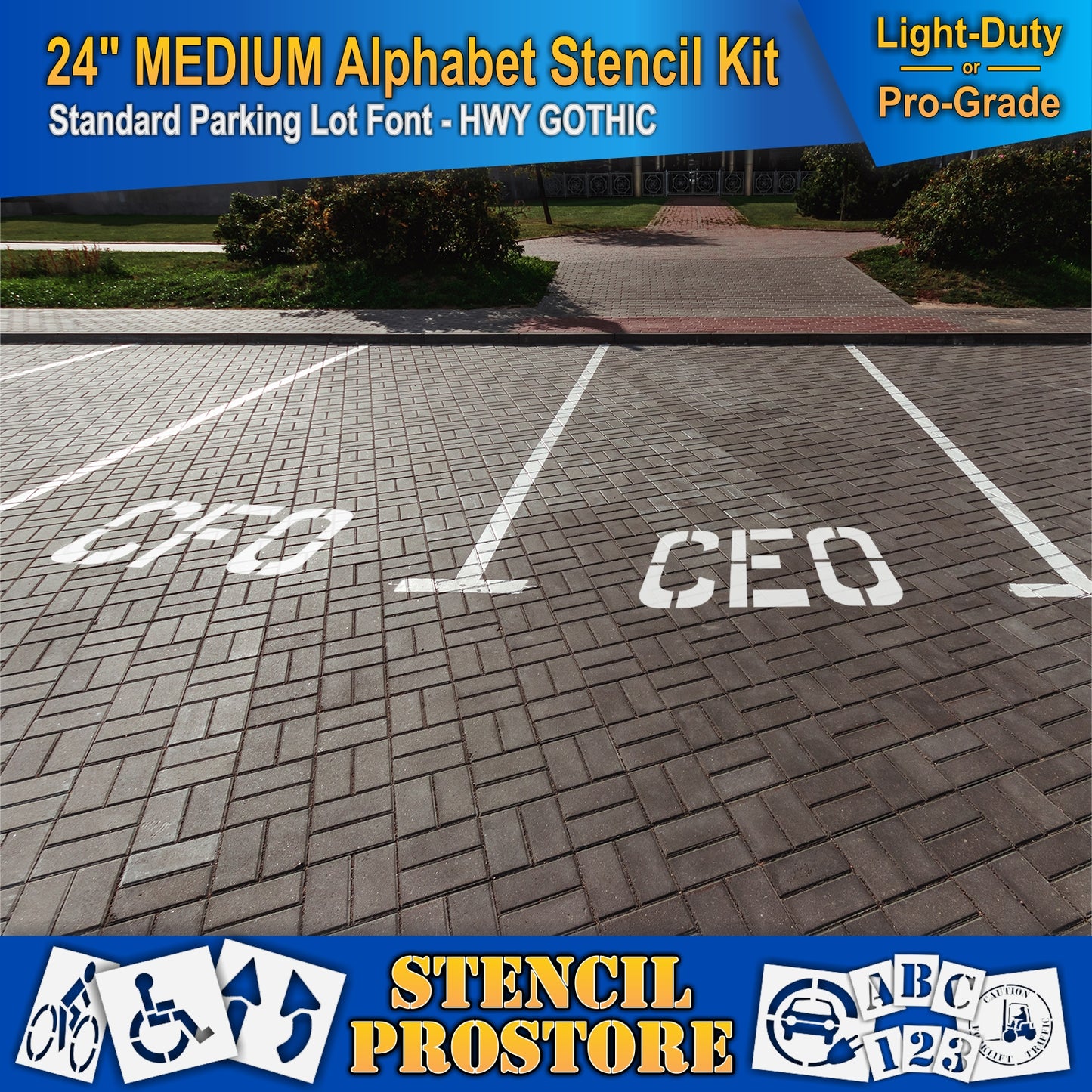 picture of a parking lot with letters CEO and CFO on different spots, using 24" medium alphabet kit stencil