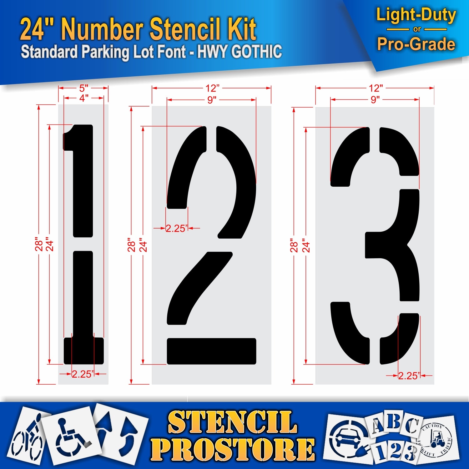 dimension image of 24" number letters 1, 2, and 3 stencils