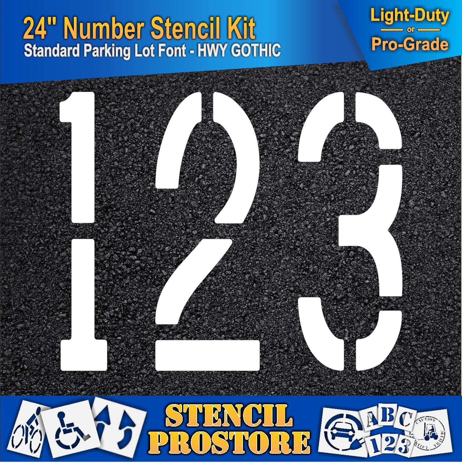 picture of 24" numbers 1, 2, and 3 on asphalt pavement