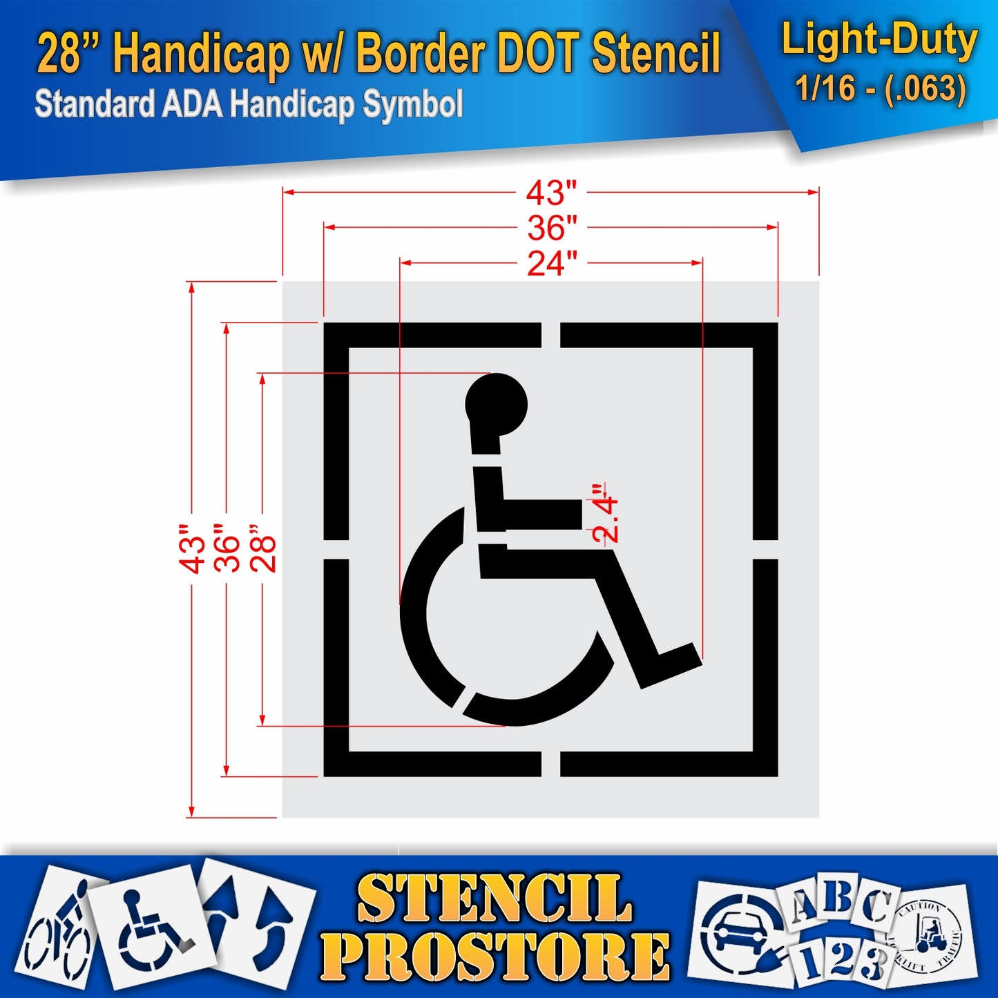 28 Inch Handicap with Border Pavement Stencil – ADA-Compliant Stencil for Parking Lots