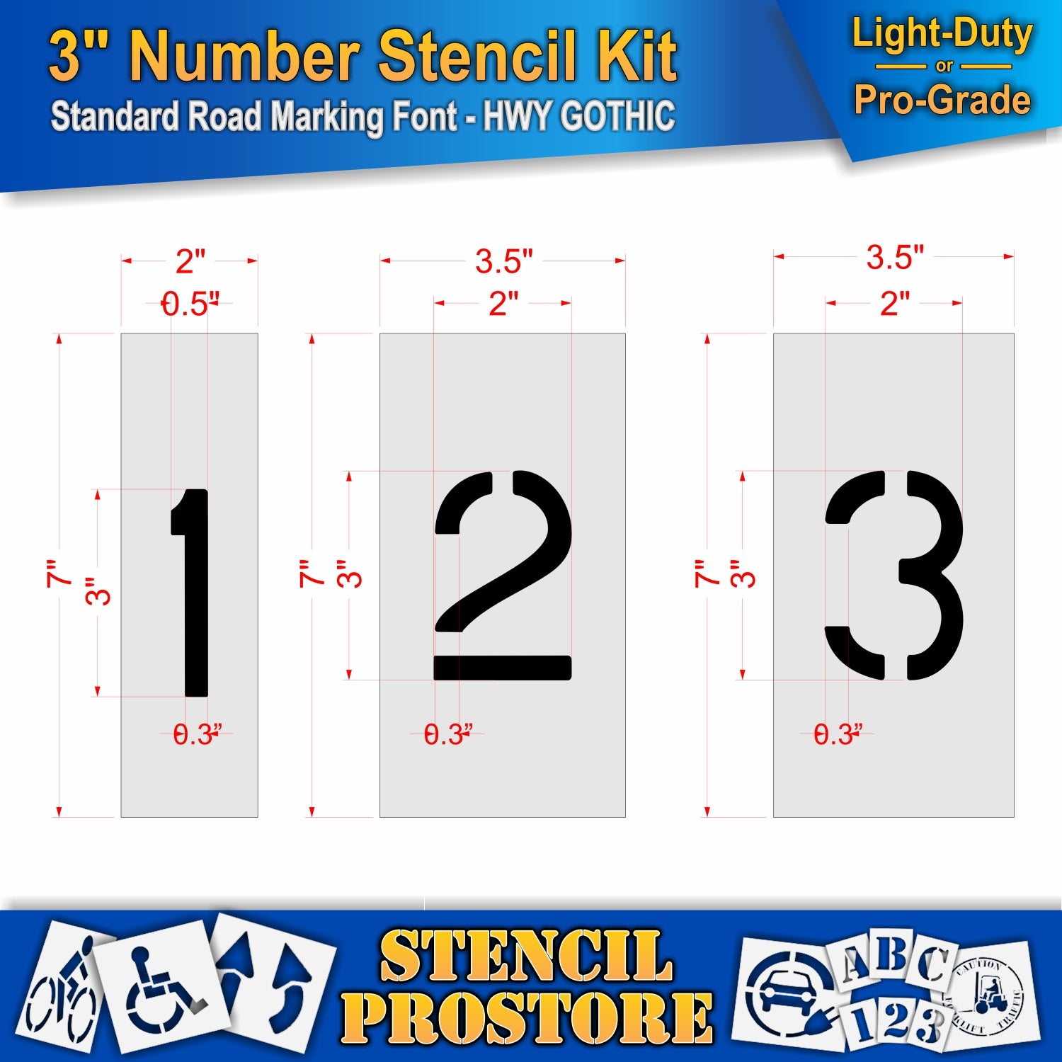 dimension image of 3" letters 1, 2, and 3 stencils