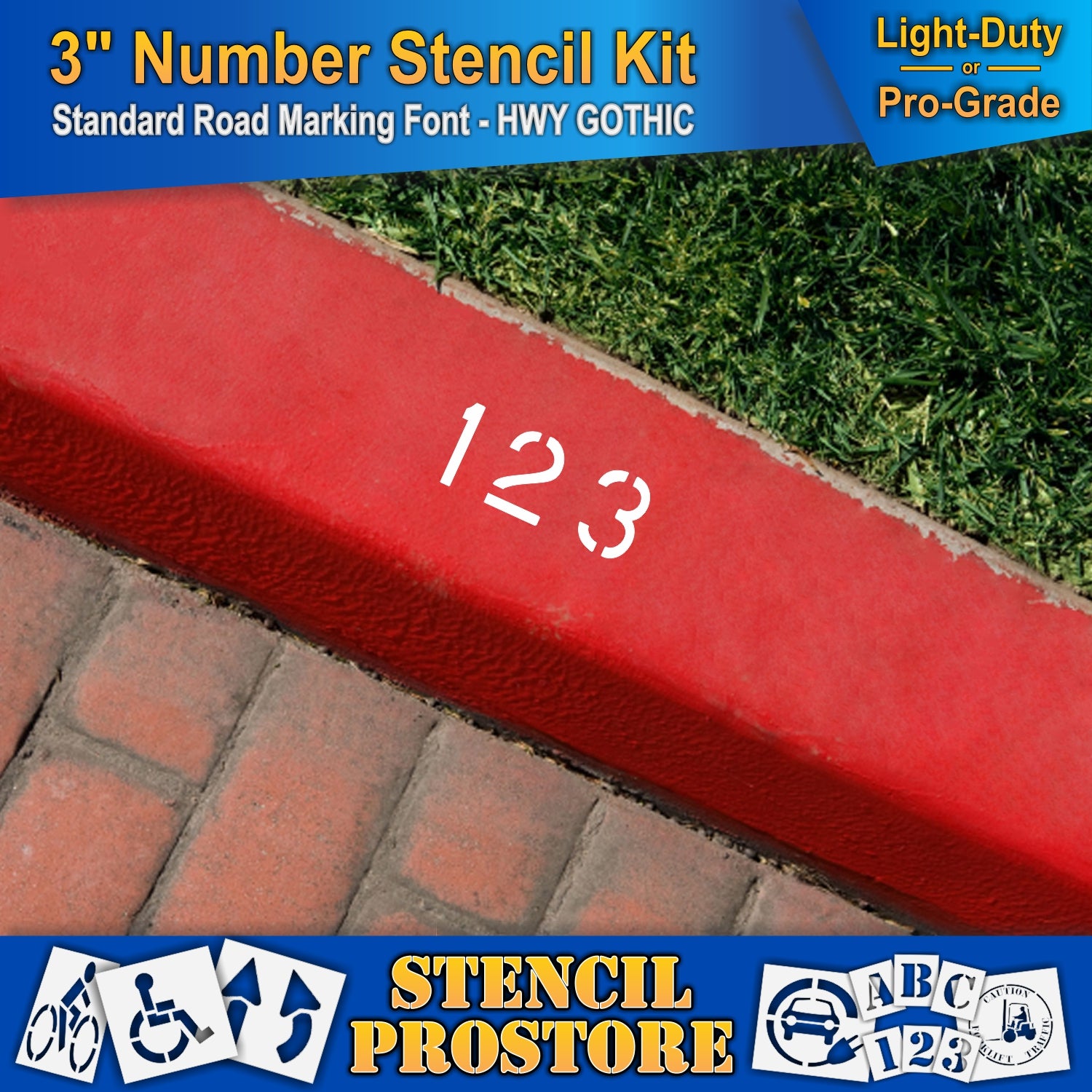 picture of curbside with 3" numbers 1, 2, and 3. using 3" number stencil kit