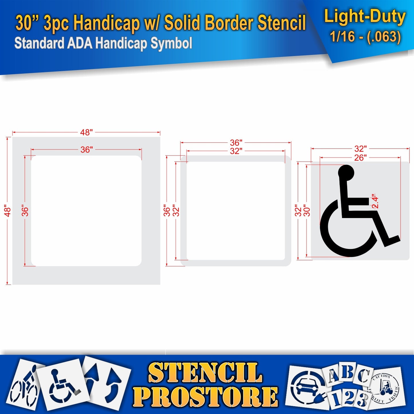 30 Inch 3pc Handicap with Solid Border and Background Pavement Stencil – ADA-Compliant Stencil for Parking Lots