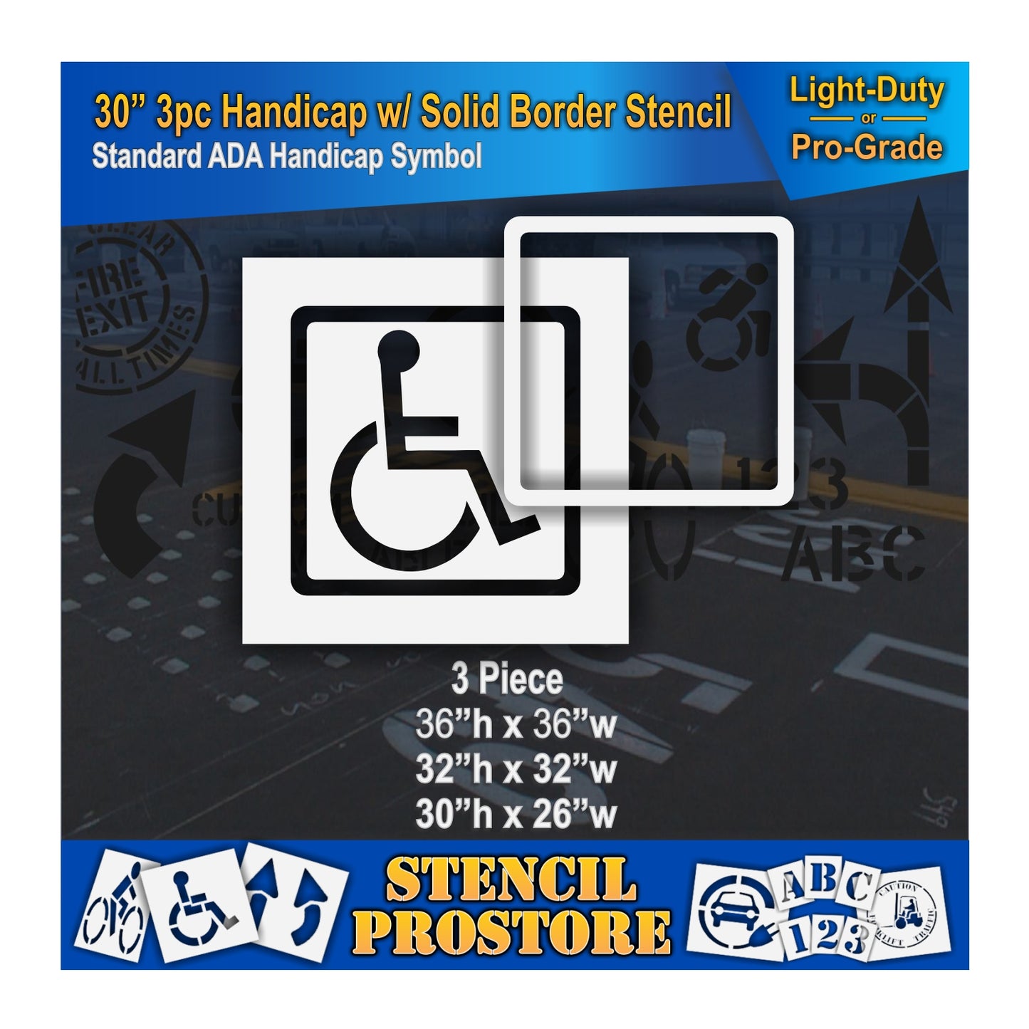 30 Inch 3pc Handicap with Solid Border and Background Pavement Stencil – ADA-Compliant Stencil for Parking Lots