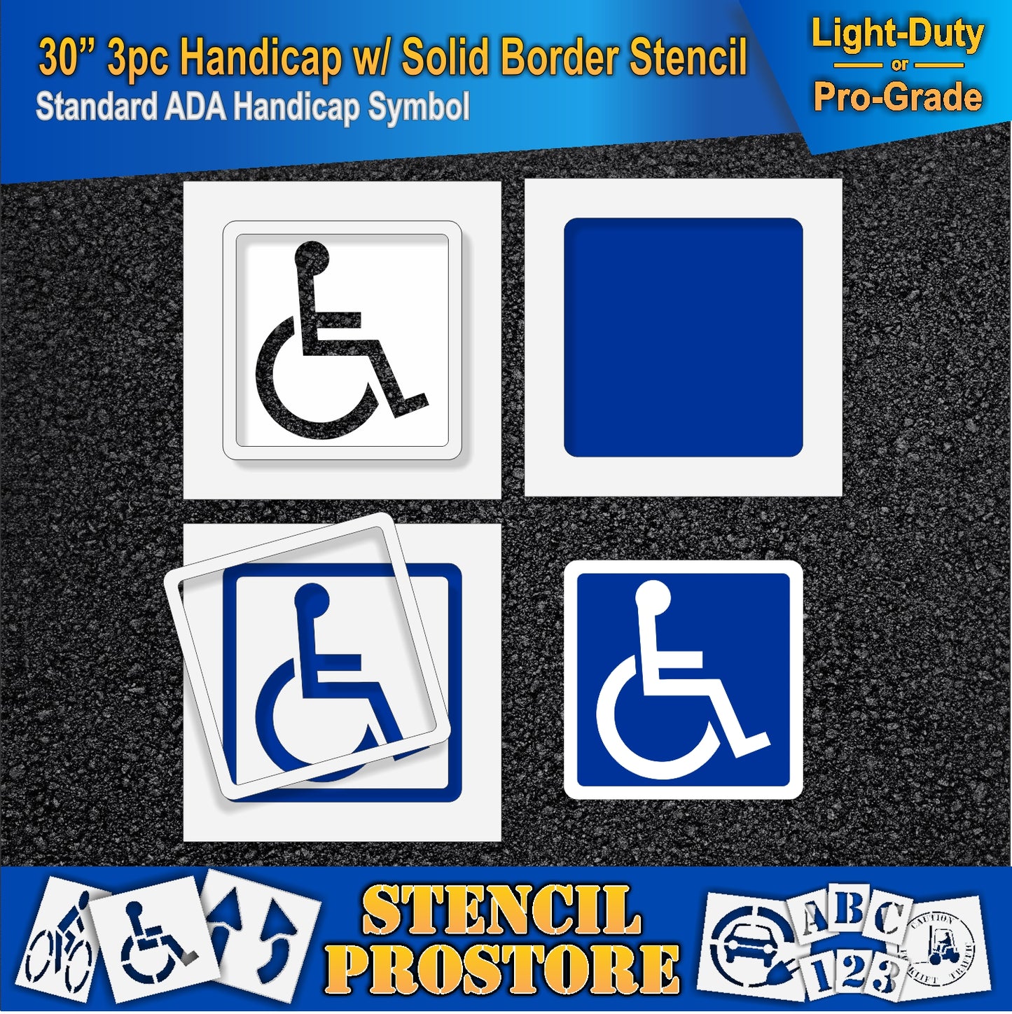 30 Inch 3pc Handicap with Solid Border and Background Pavement Stencil – ADA-Compliant Stencil for Parking Lots