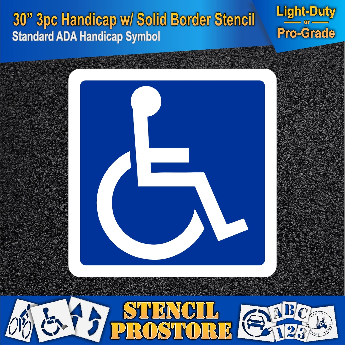 30 Inch 3pc Handicap with Solid Border and Background Pavement Stencil – ADA-Compliant Stencil for Parking Lots
