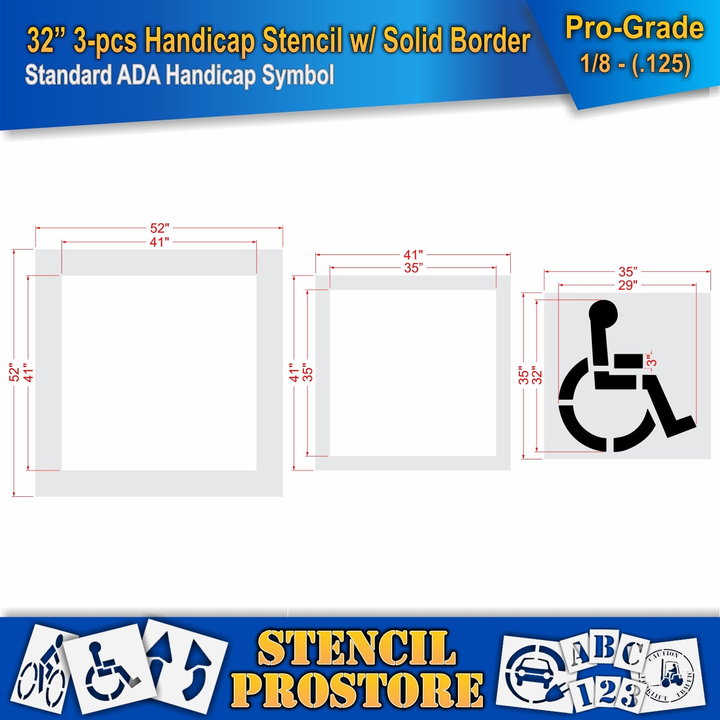 32 Inch 3pc Handicap with Solid Border and Background Pavement Stencil – ADA-Compliant Stencil for Parking Lots