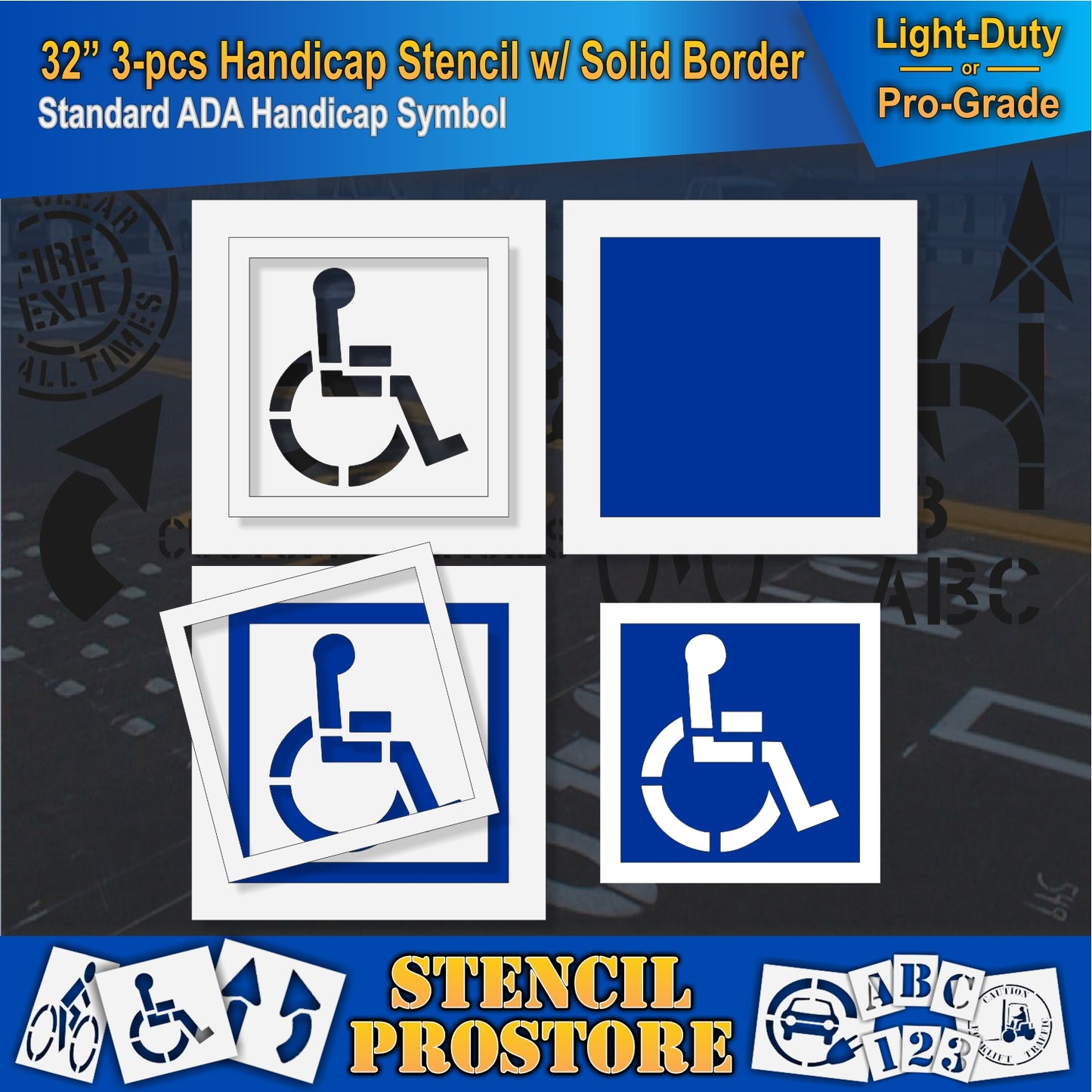 32 Inch 3pc Handicap with Solid Border and Background Pavement Stencil – ADA-Compliant Stencil for Parking Lots