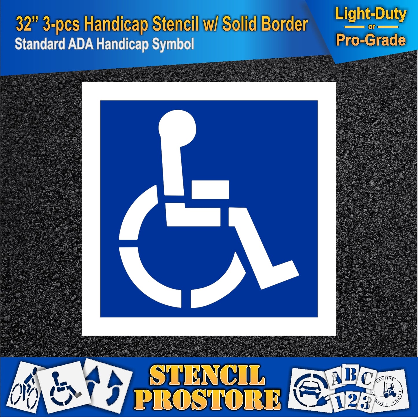 32 Inch 3pc Handicap with Solid Border and Background Pavement Stencil – ADA-Compliant Stencil for Parking Lots