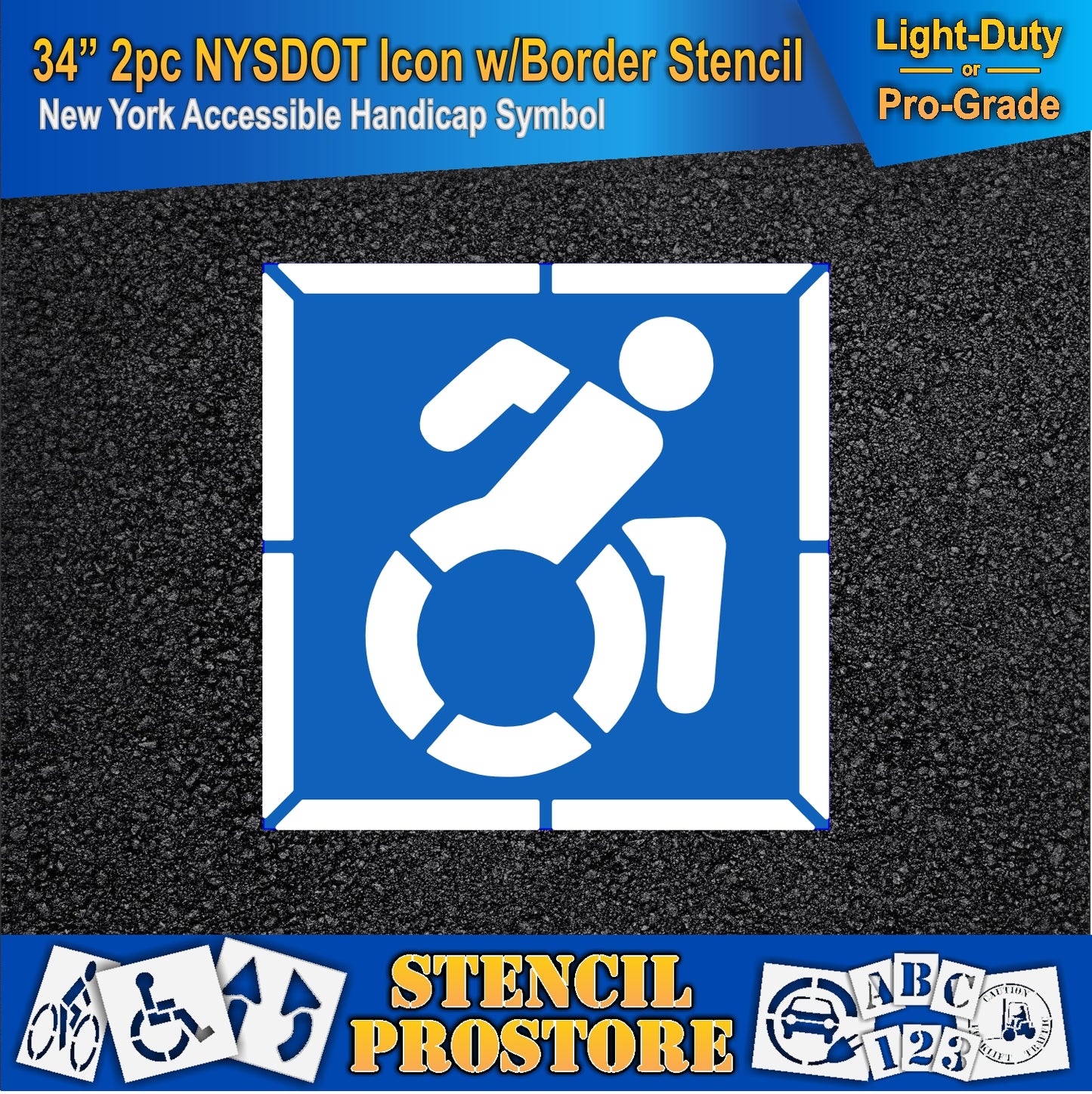 34 Inch 2pc NYSDOT Accessible Icon with Border and Background Pavement Stencil – ADA-Compliant Stencil for Parking Lots