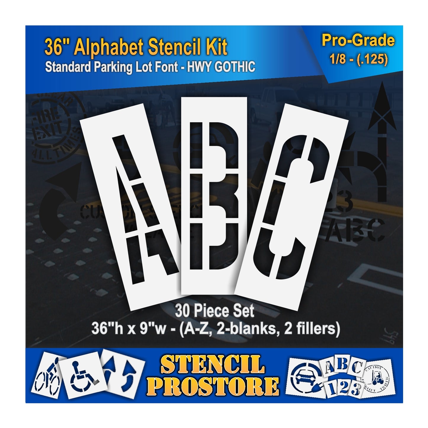 graphic image of 36" letters A, B, and C stencils. 0.125" material thickness