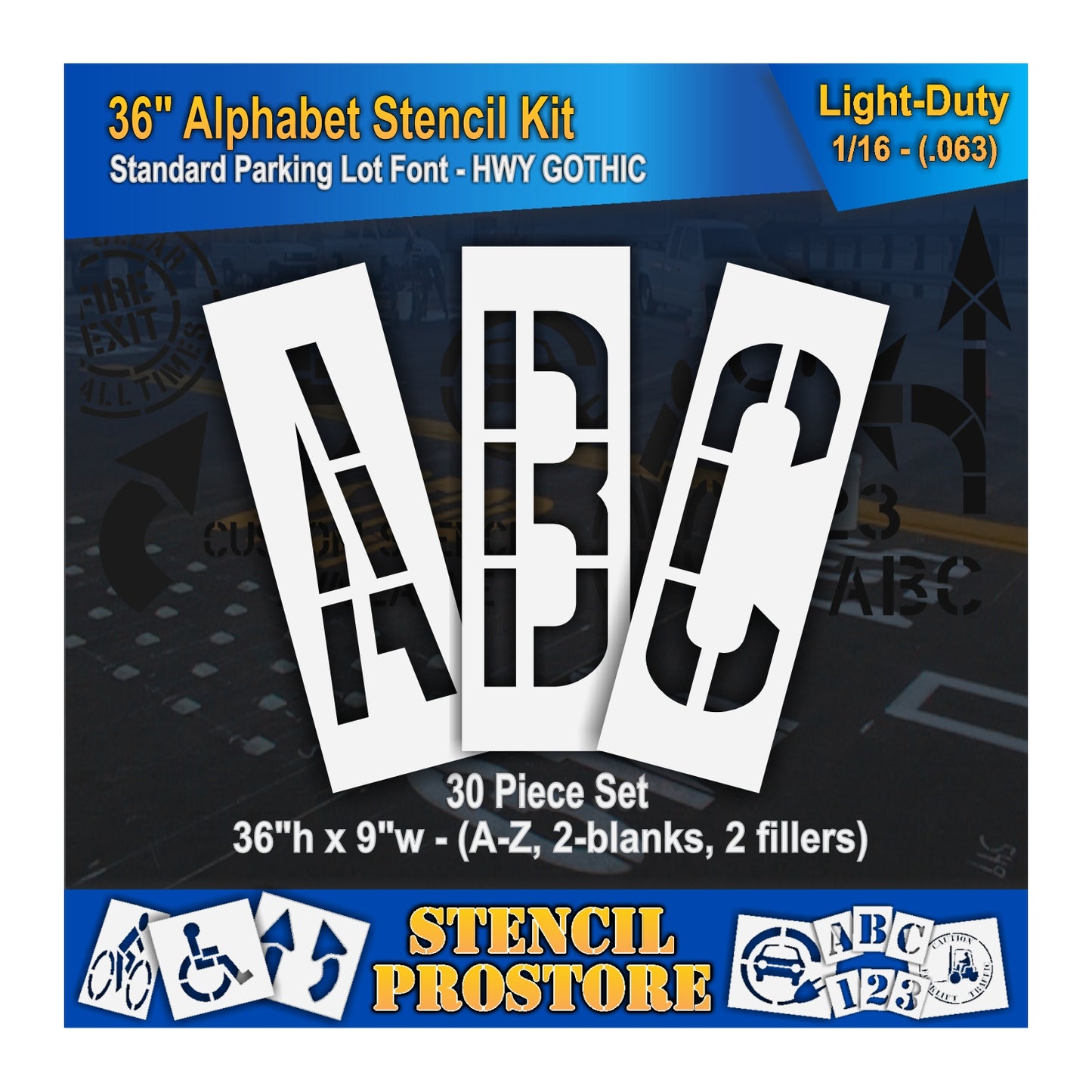 graphic image of 36" letters A, B, and C stencils. 0.063 material thickness