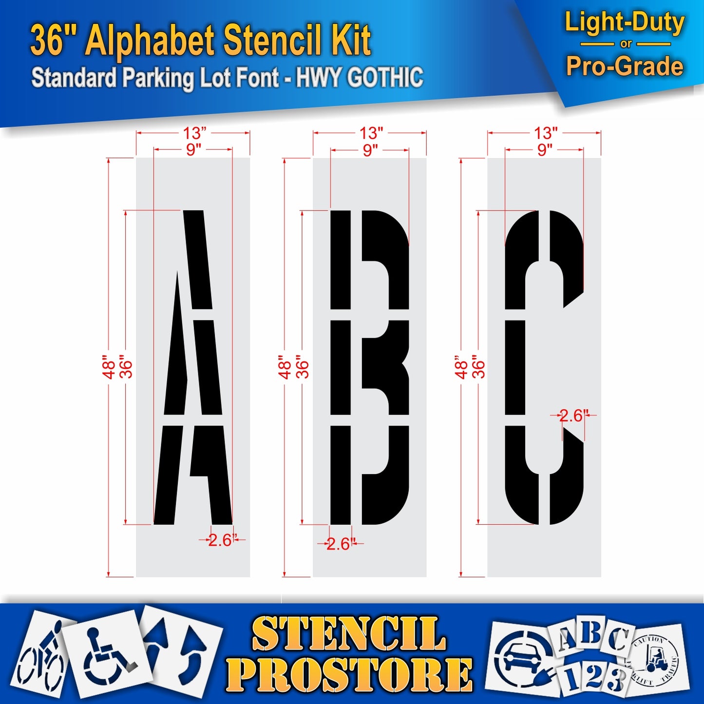 dimension image of 36" letters A, B, and C letters