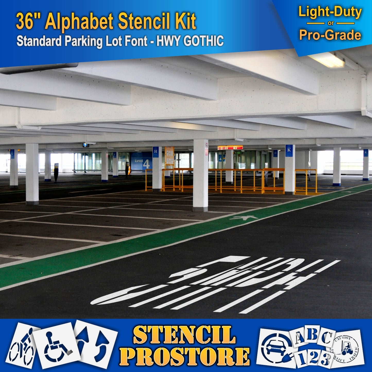 picture of indoor parking lot with 5MPH marking on ground. Using 36" alphabet kit stencil