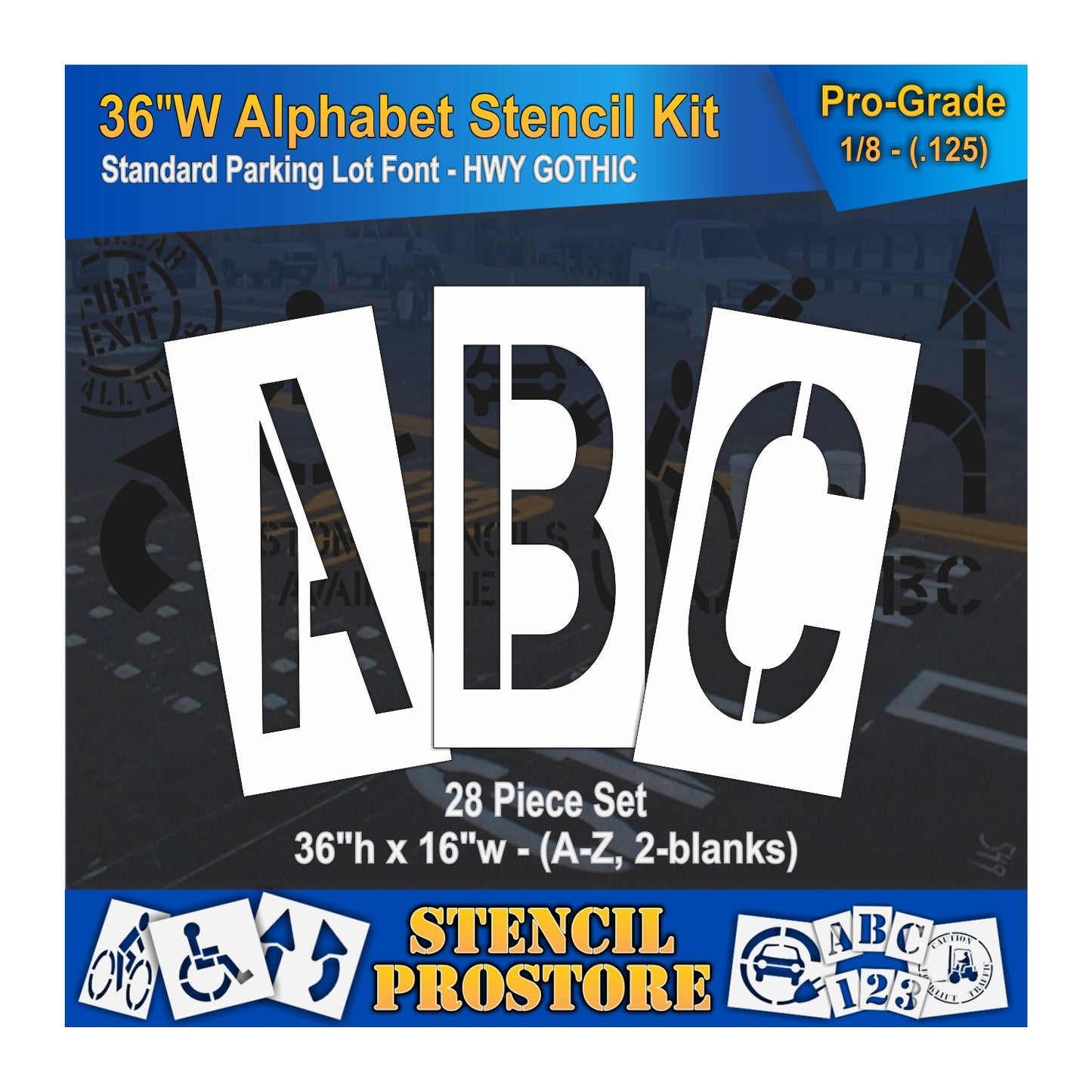 graphic image of 36" wide letters ABC stencils. 0.125" material thickness