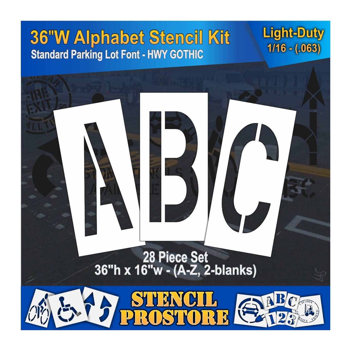 graphic image of 36" wide alhpabet kit stencil. 0.063" material thickness