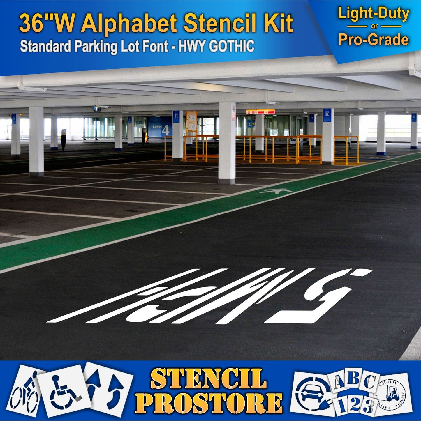 picture of indoor parking lot with 36" wide 5 MPH marking, using the 36" wide alphabet kit